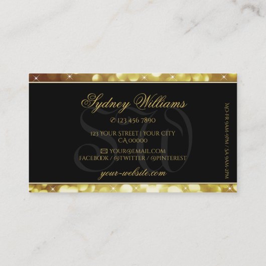 Elegant Bruin Goud Glitter Sterren Monogram Zwart Visitekaartje (Achterkant)