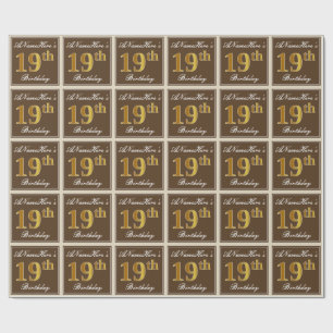 Elegant, Bruin, Gouden 19de Verjaardag Faux + Naam Cadeaupapier