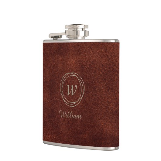 Elegant bruin leder design Silver Monogram Heupfles (Links)