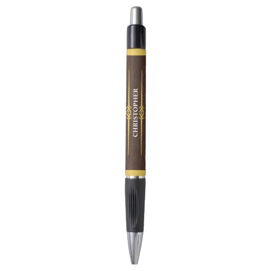 Elegant bruin leer & goud folie monogram naam pen (Voorkant Verticaal)