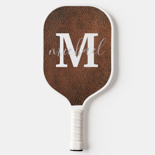 Elegant bruin leren monogram gepersonaliseerd pickleball paddle (Achterkant)