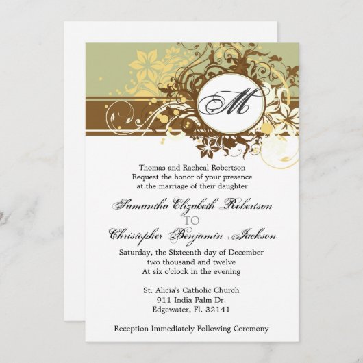 Elegant bruin monogram bruiloft Uitnodiging (Voorkant / Achterkant)