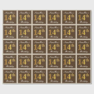 Elegant, Bruin, Nep Goud 14e Verjaardag + Naam Cadeaupapier