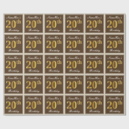 Elegant, Bruin, Nep Goud 20e Verjaardag + Naam Cadeaupapier