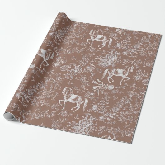 Elegant Bruin Paarden Bloemenpatroon Cadeaupapier (Uitgerold)
