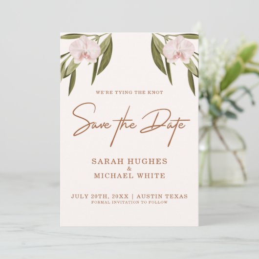 Elegant Bruin Roze Groene Orchid Boho Wedding Save The Date (Staand voorkant)