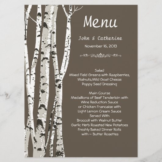 Elegant bruin trouwmenu met berkenbomen menu (Voorkant)