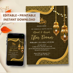 Elegant bruine en gouden sierlijke lantaarn Iftar- Kaart
