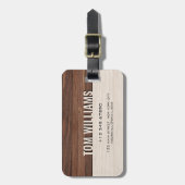 Elegant bruine houtstructuur modern stijl monogram bagagelabel (Voorkant verticaal)