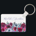 Elegant bruine saliegroen blauwe bloemige trouwdag sleutelhanger<br><div class="desc">Personaliseer deze elegante trouw bloemen papierdoos met jouw naam en foto.
Kleuren van dit mooie bloemige ontwerp : bruin,  paars,  stoffig blauw en saliegroen.</div>