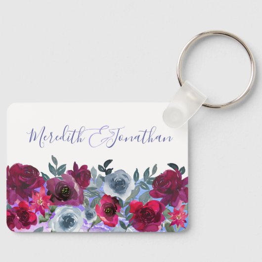 Elegant bruine saliegroen blauwe bloemige trouwdag sleutelhanger (Voorkant)