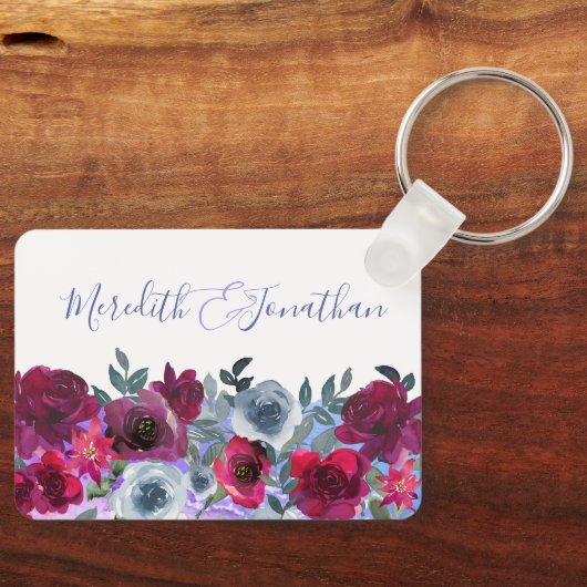 Elegant bruine saliegroen blauwe bloemige trouwdag sleutelhanger (Voorkant)