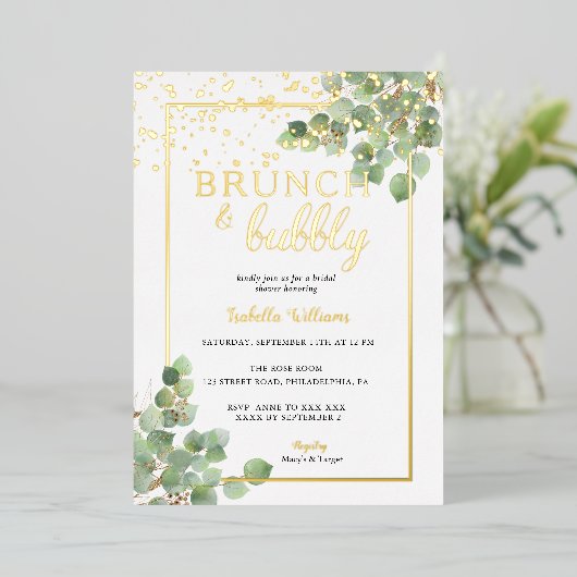 Elegant Brunch & Bubble Greenery Vrijgezellenfeest Folie Uitnodiging (Staand Voorkant)