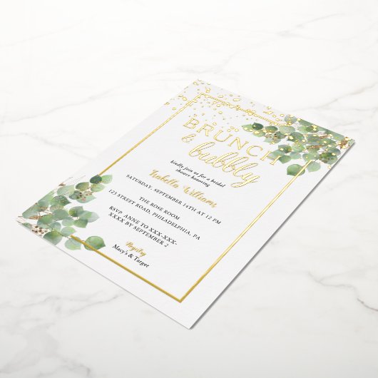 Elegant Brunch & Bubble Greenery Vrijgezellenfeest Folie Uitnodiging (Gedraaid)