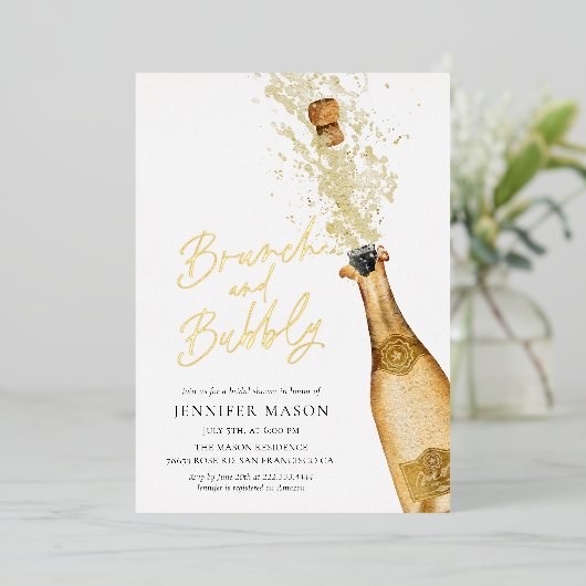 Elegant Brunch en Bubble Champagne Vrijgezellenfee Folie Uitnodiging (Staand Voorkant)