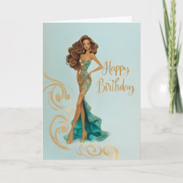Elegant Brunette in Gold Teal Fashionista BDay Kaart