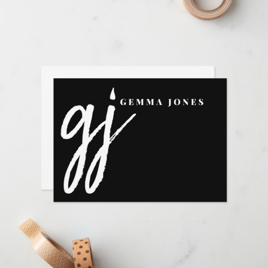 Elegant Brush Script Wit Monogram Zwart Notitiekaartje (Voorkant / Achterkant in situ)