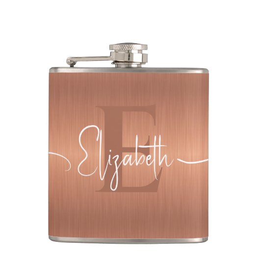 Elegant Brushed Copper Metal Script Monogrammed Heupfles (Voorkant)