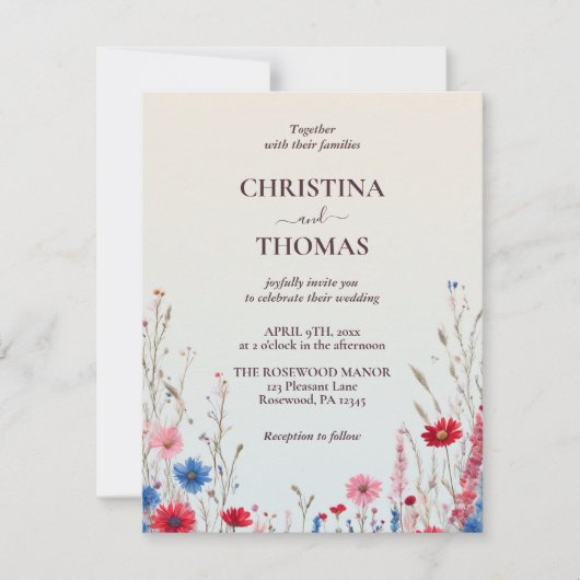 Elegant Budget Boho Waterverf Wildflower Bruiloft Kaart (Voorkant)