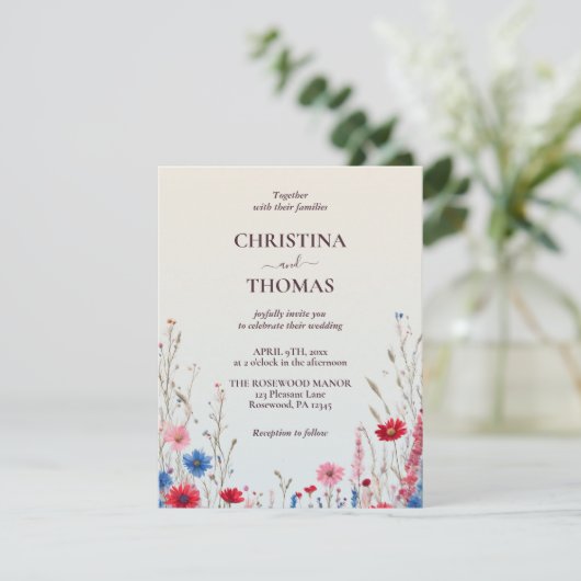 Elegant Budget Boho Waterverf Wildflower Bruiloft Kaart (Staand voorkant)