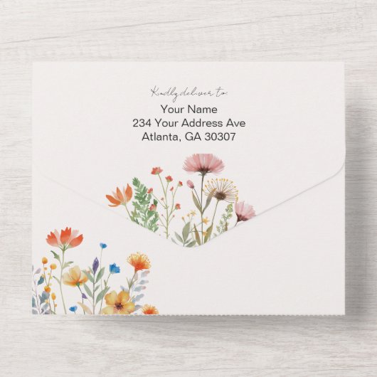 Elegant Budget Botanische Wildflower Bruiloft All In One Uitnodiging (Achterkant)