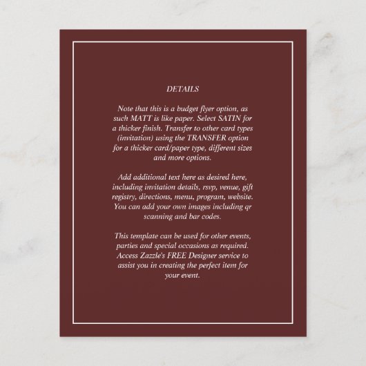 Elegant BUDGET Burgundy Monochrome bruiloft Eenvou Flyer (Achterkant)