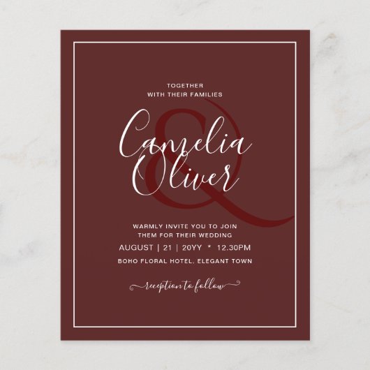 Elegant BUDGET Burgundy Monochrome bruiloft Eenvou Flyer (Voorkant)