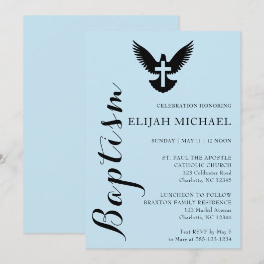 Elegant budget doop Sky Blue uitnodiging (Voorkant / Achterkant)