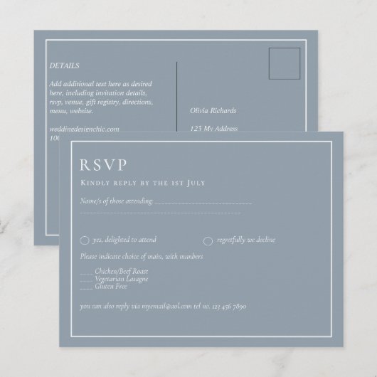 Elegant Budget Dusty Blue Monochrome Wedding Briefkaart (Voorkant / Achterkant)