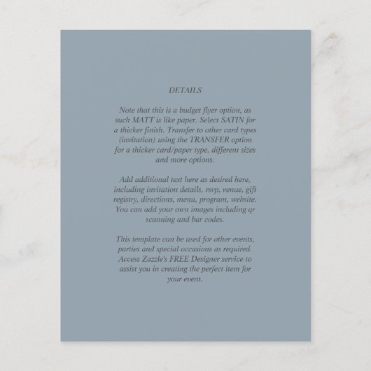 Elegant Budget Dusty Blue Monochrome Wedding Flyer (Achterkant)