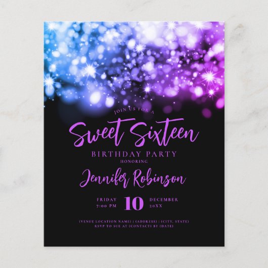 Elegant Budget Paarse Blauwe Vonk Sweet 16 Invite Flyer (Voorkant)