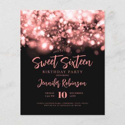 Elegant Budget Roos Gold Sparkle Sweet 16 Invite Flyer (Voorkant)
