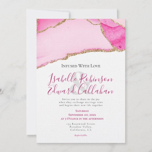 Elegant Budget Roze & Goud Agaat Stone Bruiloft Kaart (Voorkant)