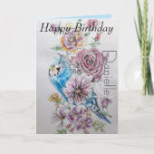Elegant Budgie and Roos Waterverf Birthday Card Kaart (Voorkant)