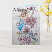 Elegant Budgie and Roos Waterverf Birthday Card Kaart (Gele Bloem)