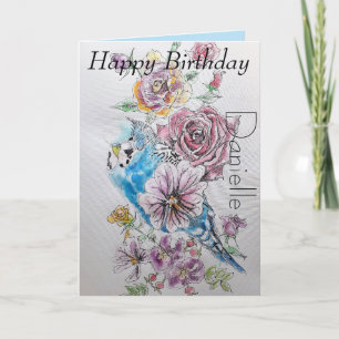Elegant Budgie and Roos Waterverf Birthday Card Kaart