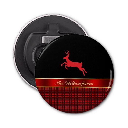 Elegant Buffalo met rendierlijk en rood lint Button Flesopener (Voorkant)