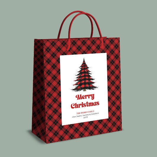 Elegant buffalo plaid Christmas tree gift bag name Medium Cadeauzakje