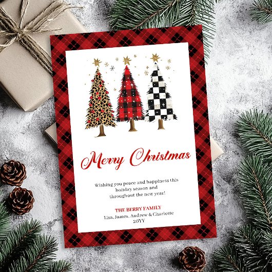 Elegant Buffalo Plaid Christmas Tree Leopard Card Feestdagenkaart