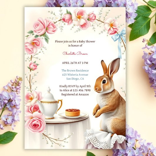 Elegant Bunny Floral Spring Tea Party Baby shower Kaart