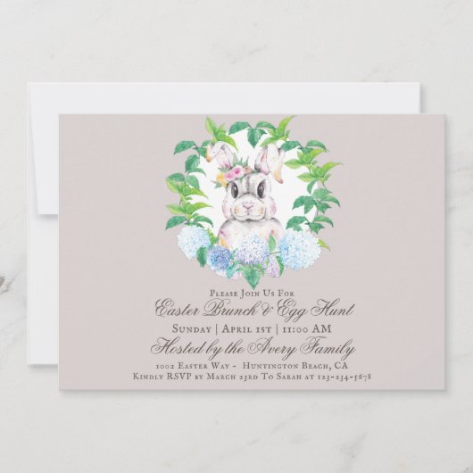 Elegant Bunny Floral Wreath Brunch & Egg Hunt Kaart (Voorkant)