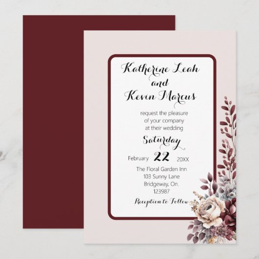 Elegant Burgandy Dusty Roos Bloemen Kaart (Voorkant / Achterkant)