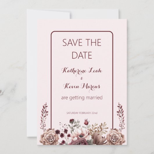 Elegant Burgandy Dusty Roos Floral Save the Date Kaart (Voorkant)