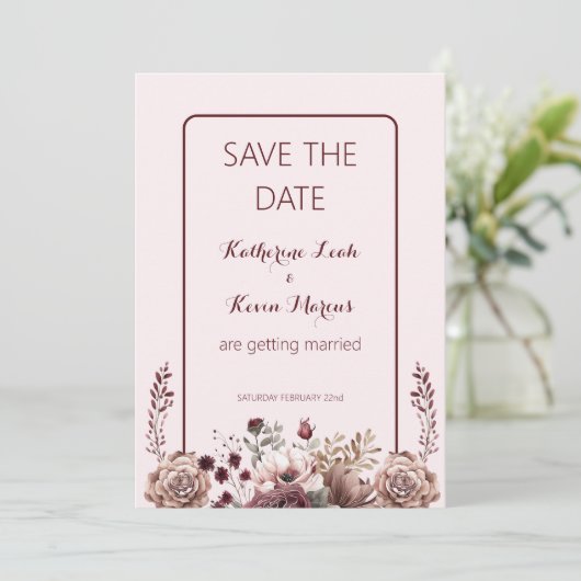 Elegant Burgandy Dusty Roos Floral Save the Date Kaart (Staand voorkant)