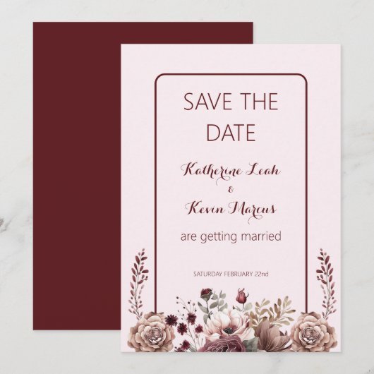 Elegant Burgandy Dusty Roos Floral Save the Date Kaart (Voorkant / Achterkant)