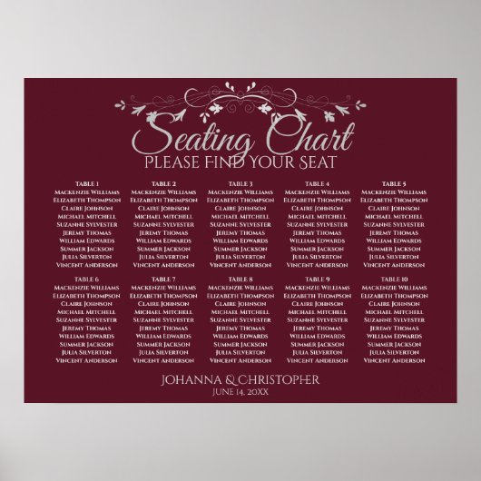 Elegant Burgundy 10 Tafel Wedding Seating Chart Poster (Voorkant)