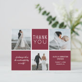 Elegant burgundy 3 fotocollage bruiloft bedankt (Staand voorkant)