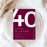 Elegant Burgundy 40th Birthday Party Kaart<br><div class="desc">Celebrate turning Forty in sophisticated style with this Elegant Burgundy 40th Birthday Invitation Designed with a rich burgundy color palette and a clean, modern layout, this invitation is perfect for a classy milestone celebration. Whether you're planning an intimate dinner or glamorous birthday event, this design sets the tone for a...</div>