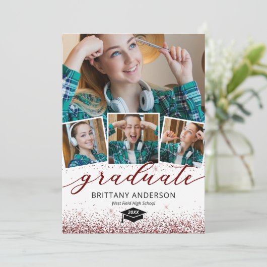 Elegant Burgundy Afstuderen 4 Fotouitnodiging Kaart (Staand voorkant)