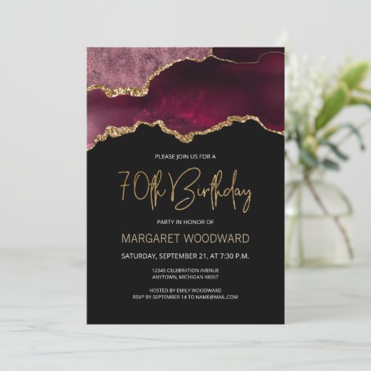 Elegant Burgundy Agate 70th Birthday Party Kaart (Staand voorkant)